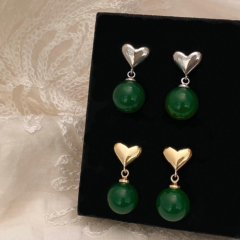 Women's Green Chalcedony Love Heart Stud Earrings