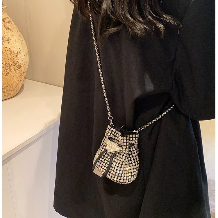 Fashionable Rhinestone Western-style Single Shoulder Chain Drawstring Bucket Bag