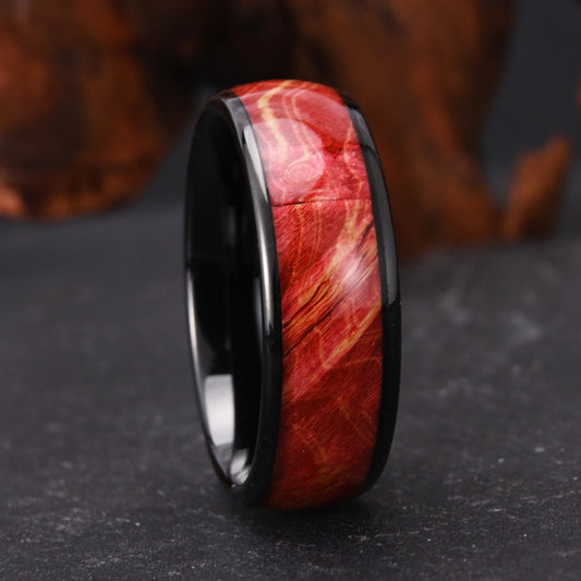 8 Wide Electric Black Tungsten Steel Inlaid Wood Men's Ring