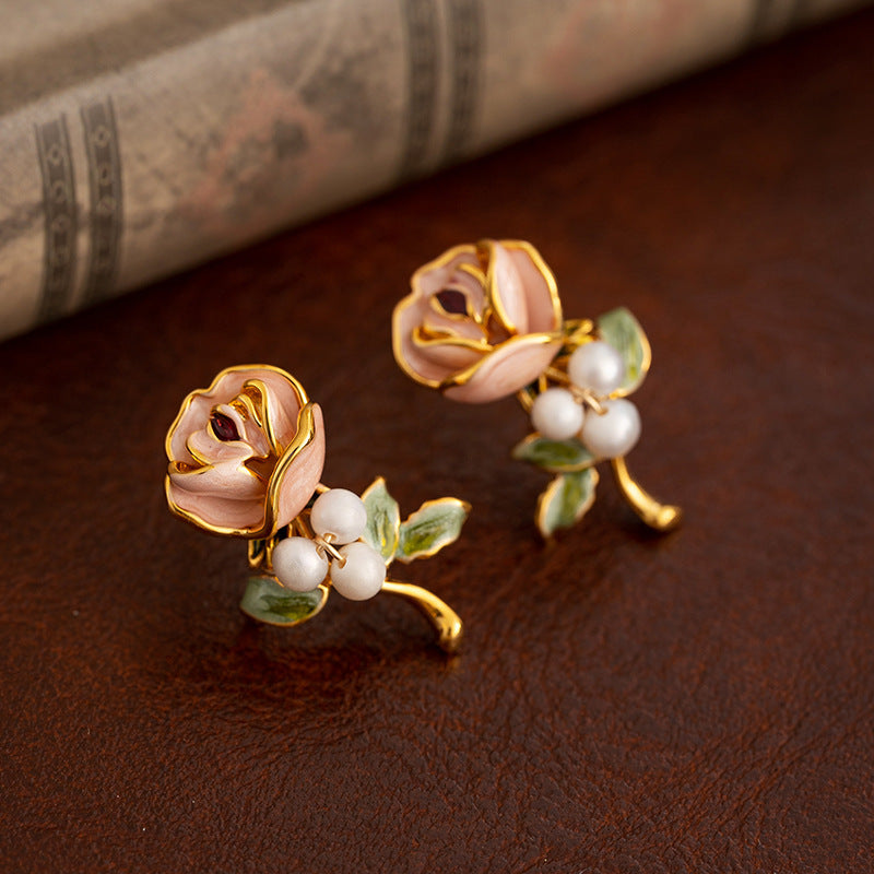 Pearl Flower Female Retro Enamel Dripping Oil Classic Style Middle Ancient French Ear Studs