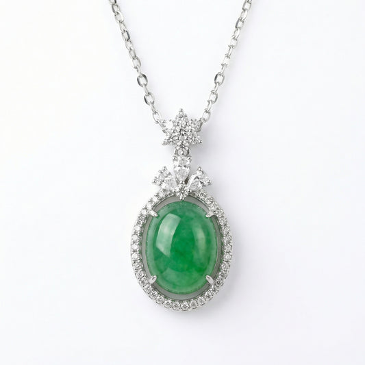 925 Sterling Silver Elegant Oval Green Jadeite Pendant with Diamond Halo and Ornate Bail