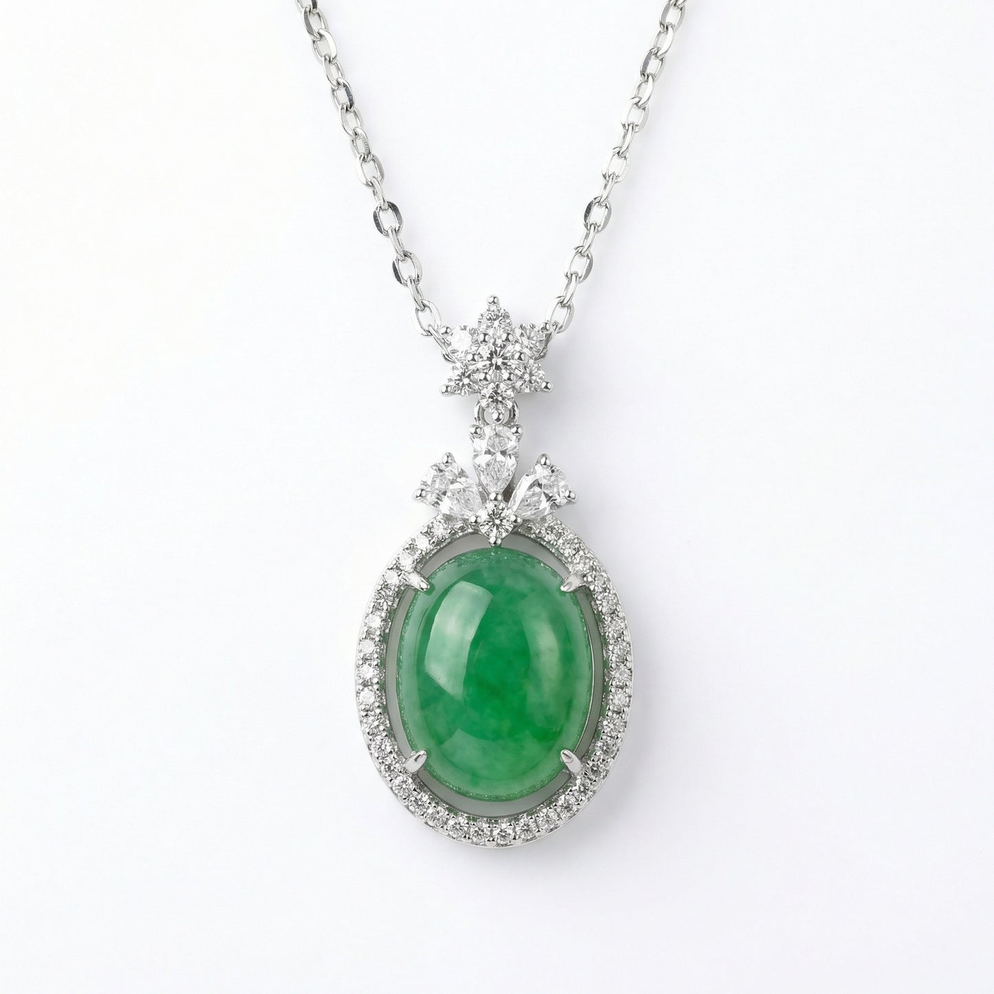 925 Sterling Silver Elegant Oval Green Jadeite Pendant with Diamond Halo and Ornate Bail