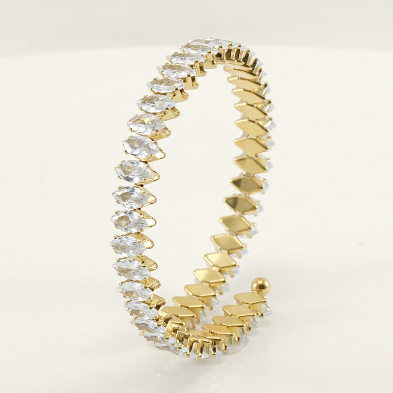 Stainless Steel Diamond-embedded Adjustable Open Geometric Bracelet