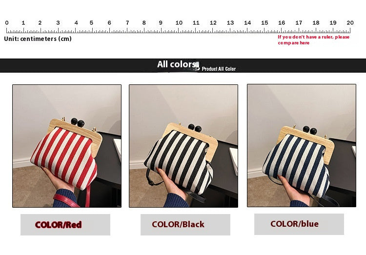 Striped Canvas Wooden Clip-mouth Clutch Bag