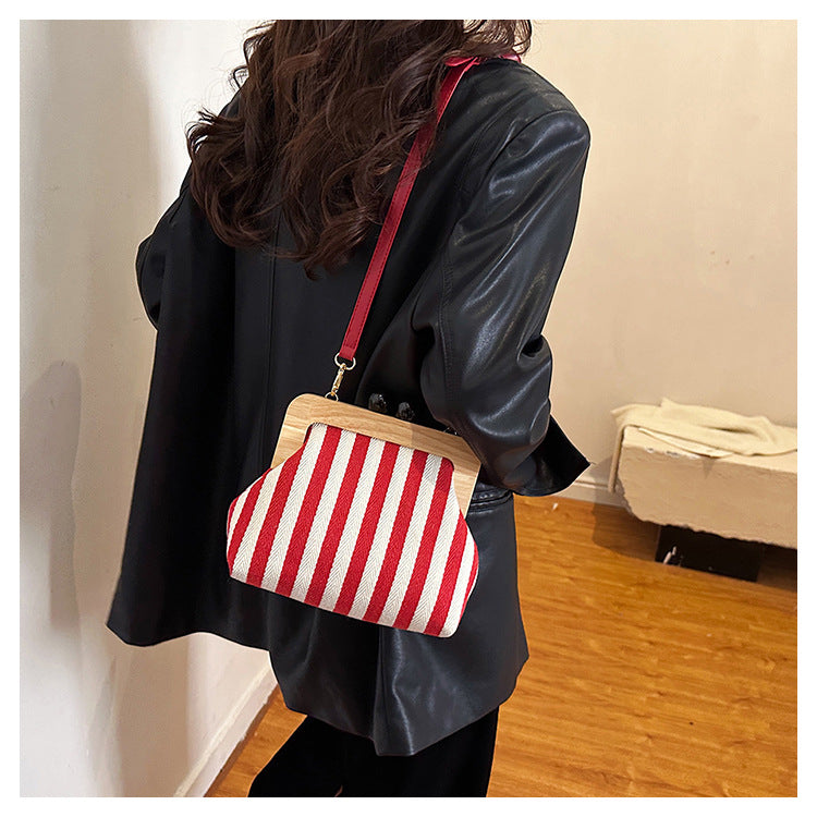 Striped Canvas Wooden Clip-mouth Clutch Bag