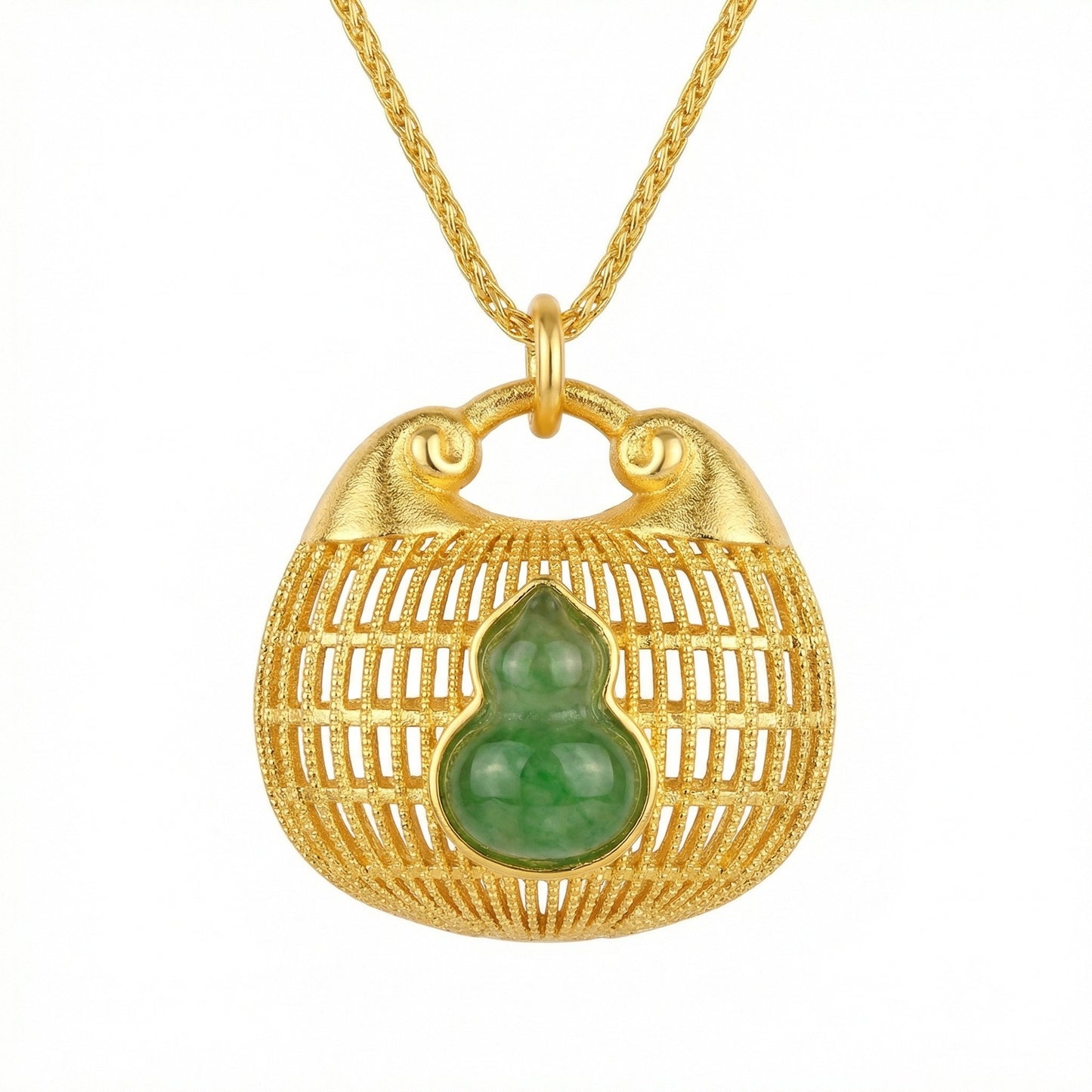 925 Sterling Silver Exquisite Jade Hulu Longevity Lock Pendant in Intricate Filigree Design