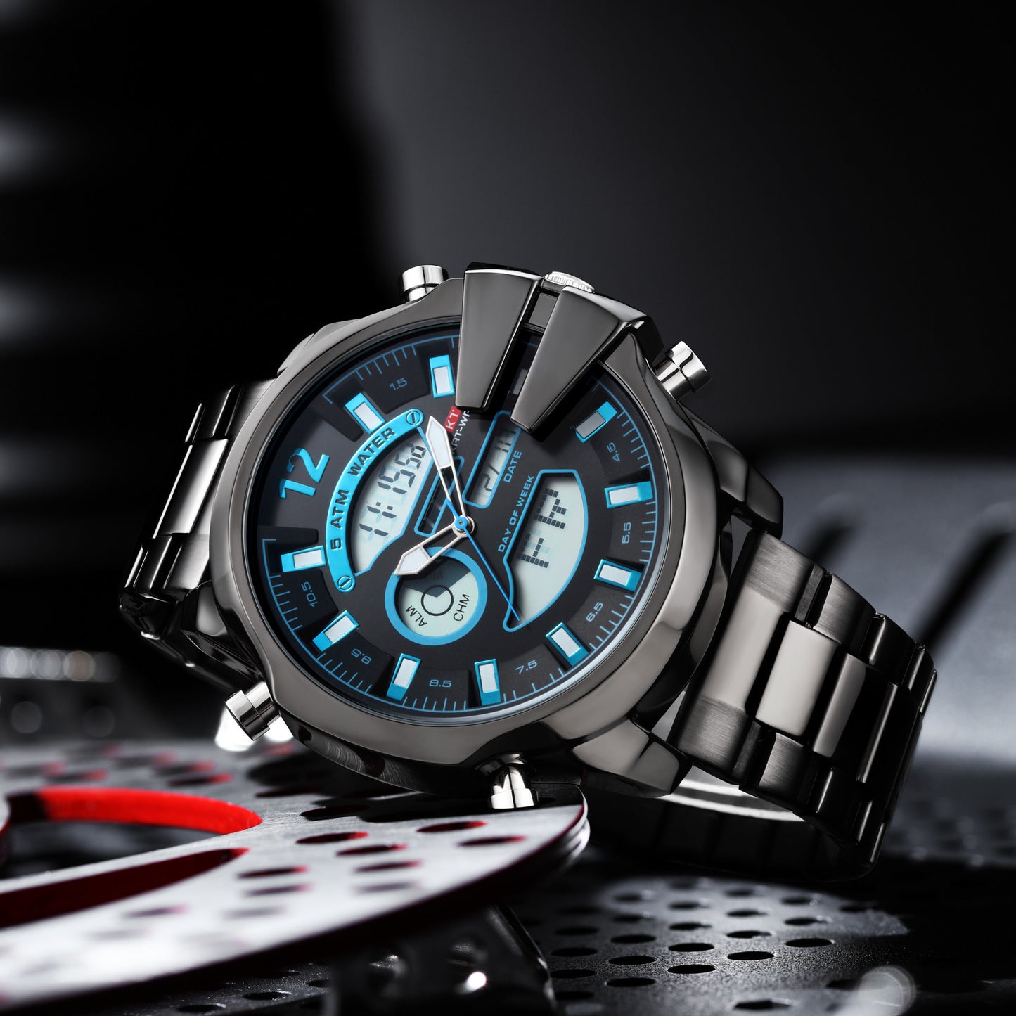 Men's Double Display Alarm Clock Led Sports Steel Watch Waterproof