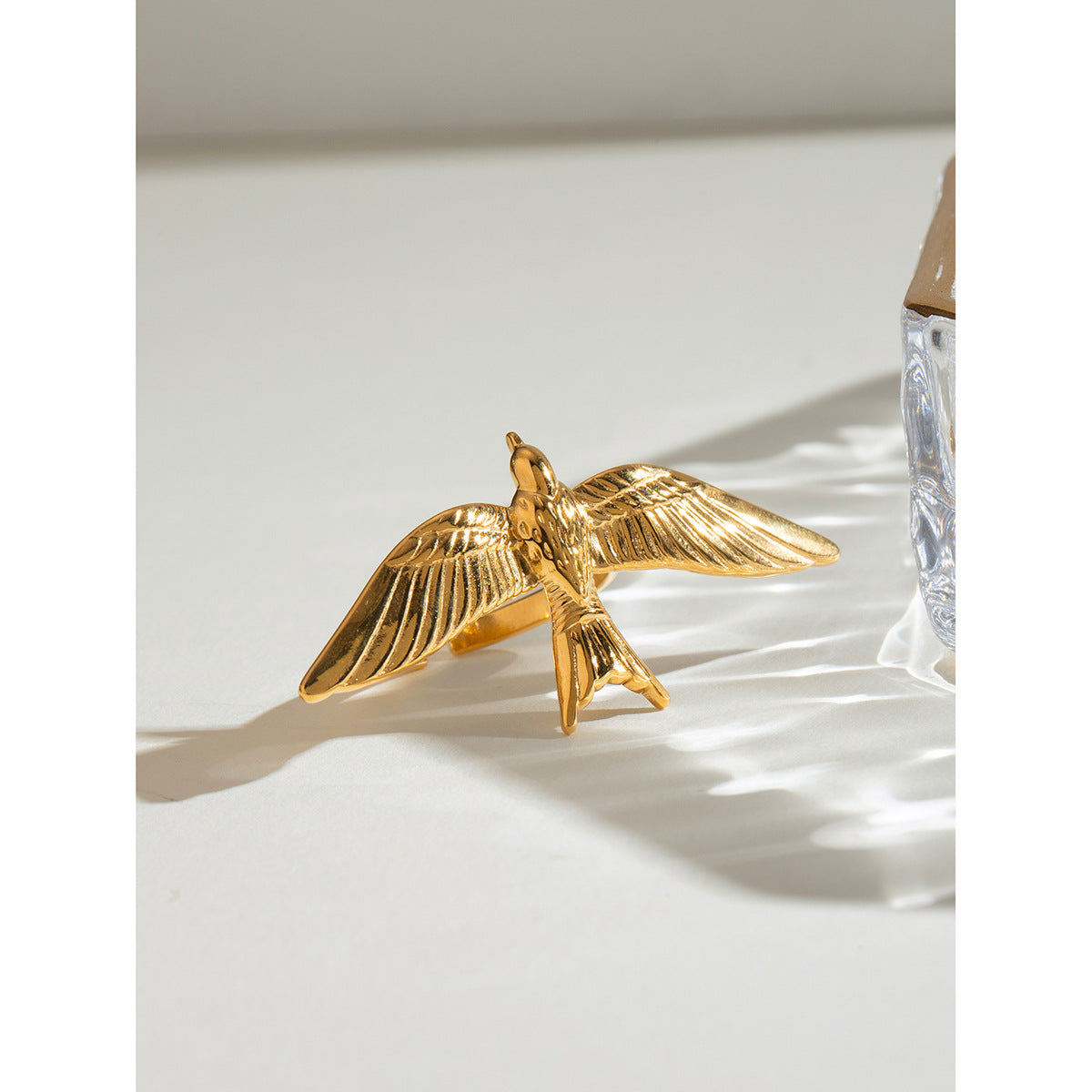 Vintage Gold Stainless Steel Flying Bird Wings Open Ring