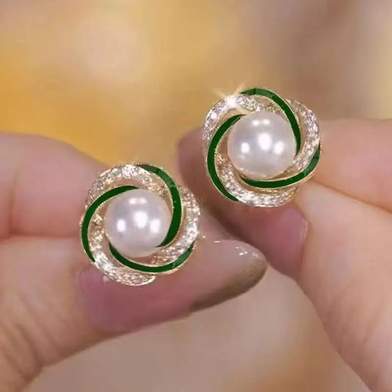 Light Luxury Diamond-Encrusted Red Pearl Earrings