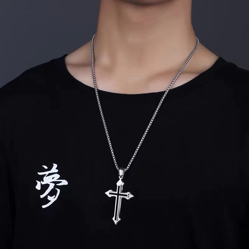 Titanium Steel Men Black Cross Pendant Necklace