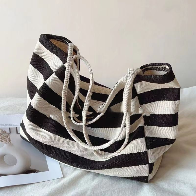 Ins Artistic Contrast Color Striped Canvas Bag