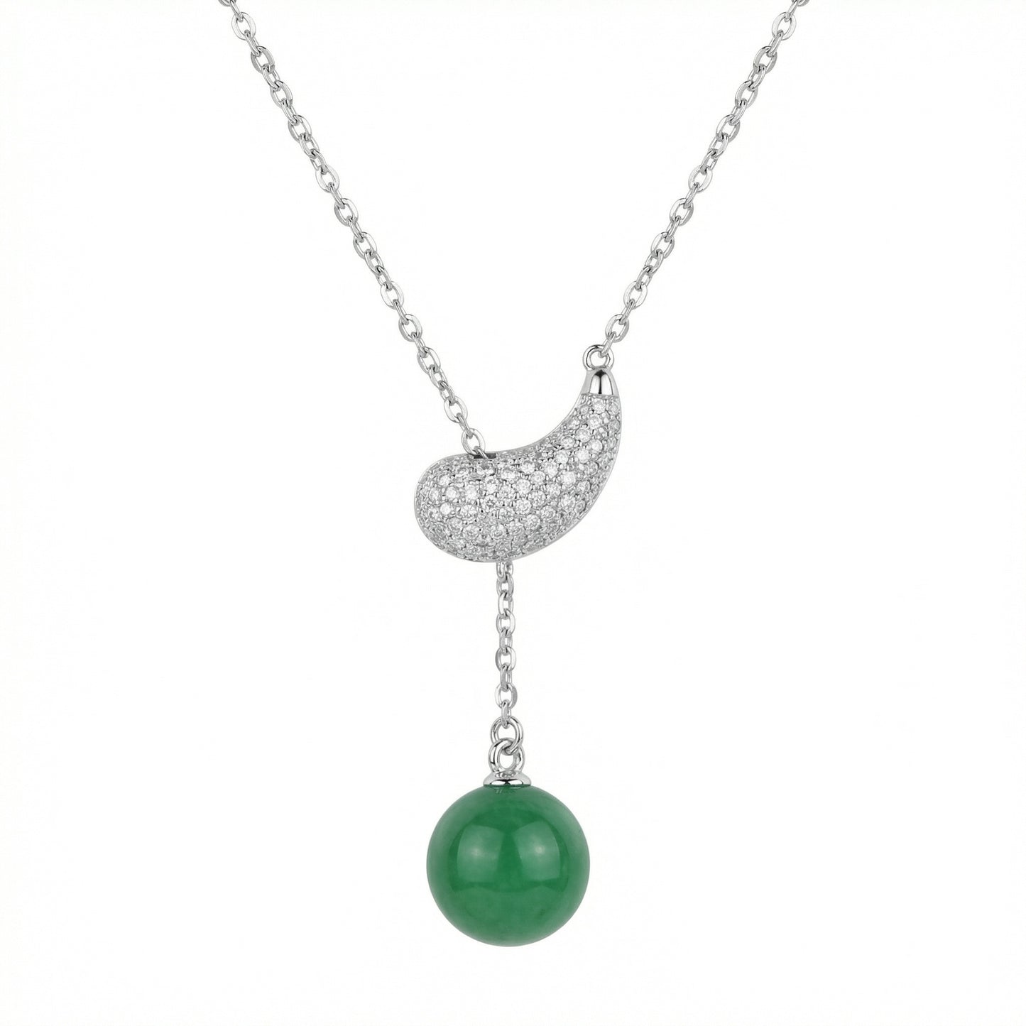 925 Sterling Silver Elegant Pave-Set Bean and Green Gemstone Round Bead Drop Pendant Necklace in Silver Tone