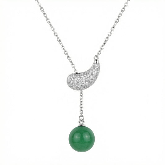 925 Sterling Silver Elegant Pave-Set Bean and Green Gemstone Round Bead Drop Pendant Necklace in Silver Tone