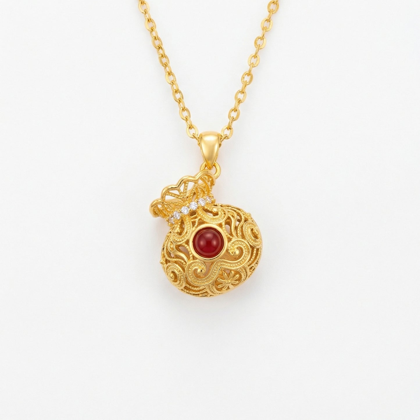 925 Sterling Silver Elegant Filigree Money Bag Necklace with Vibrant Red Gemstone and Sparkling Accents