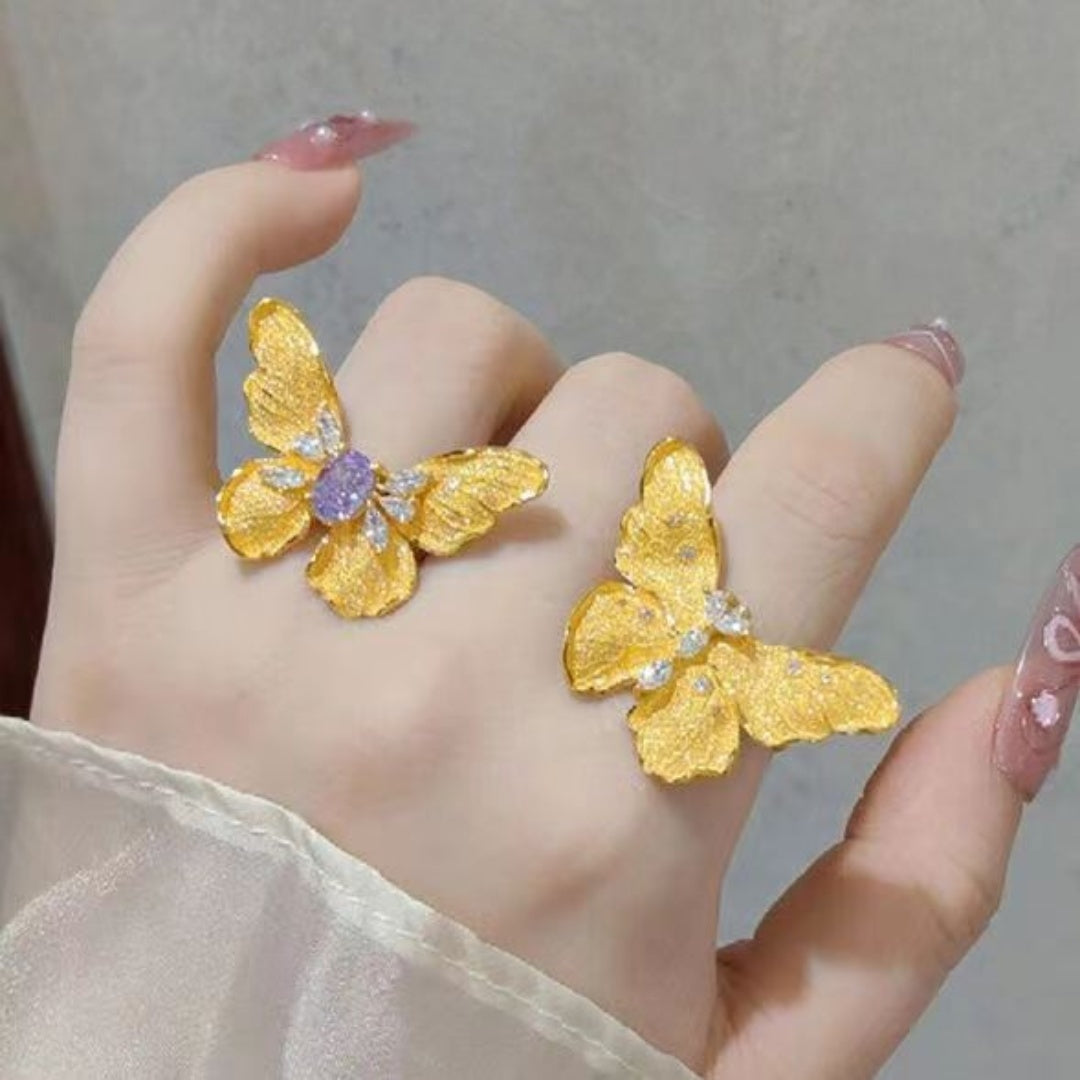 Gold Butterfly Ring Fashion Brushed Dead Leaves