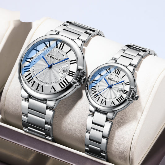 Calendar Steel Belt Waterproof Luminous Classic Roman Couple Watches