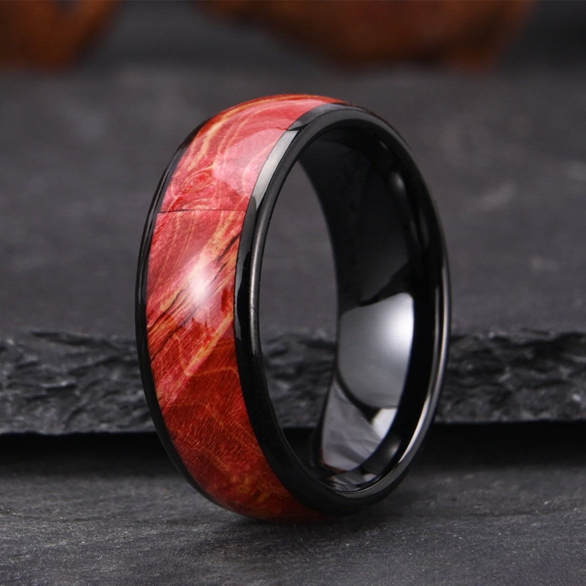 8 Wide Electric Black Tungsten Steel Inlaid Wood Men's Ring