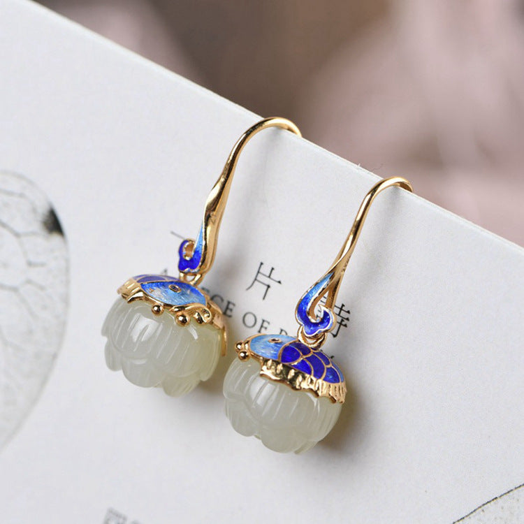 Natural Hetian Burnt Blue Carp Earrings