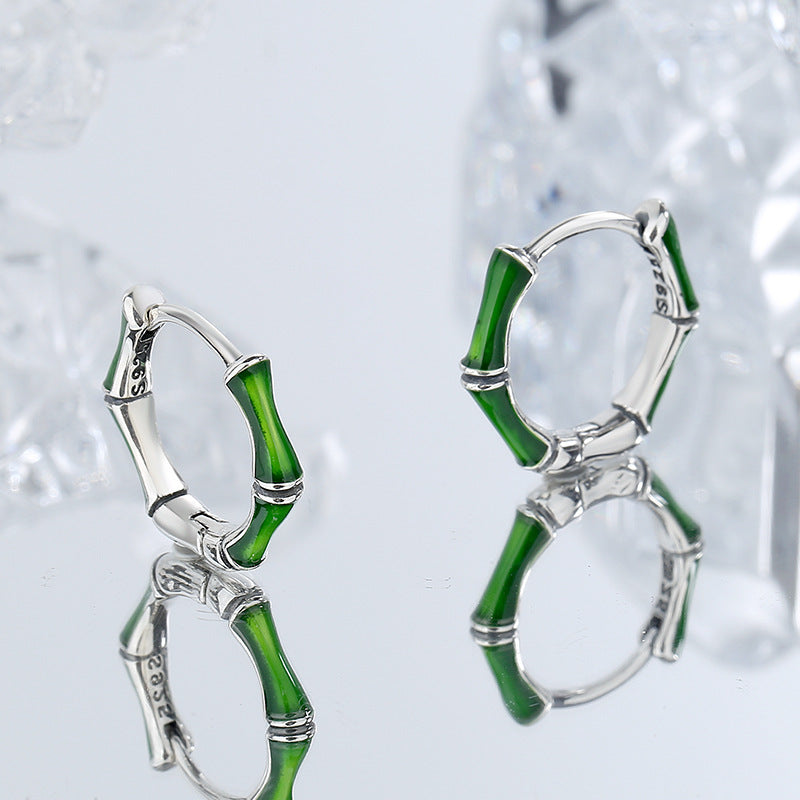 S925 Sterling Silver Niche Green Oil Dripping Bamboo Earrings