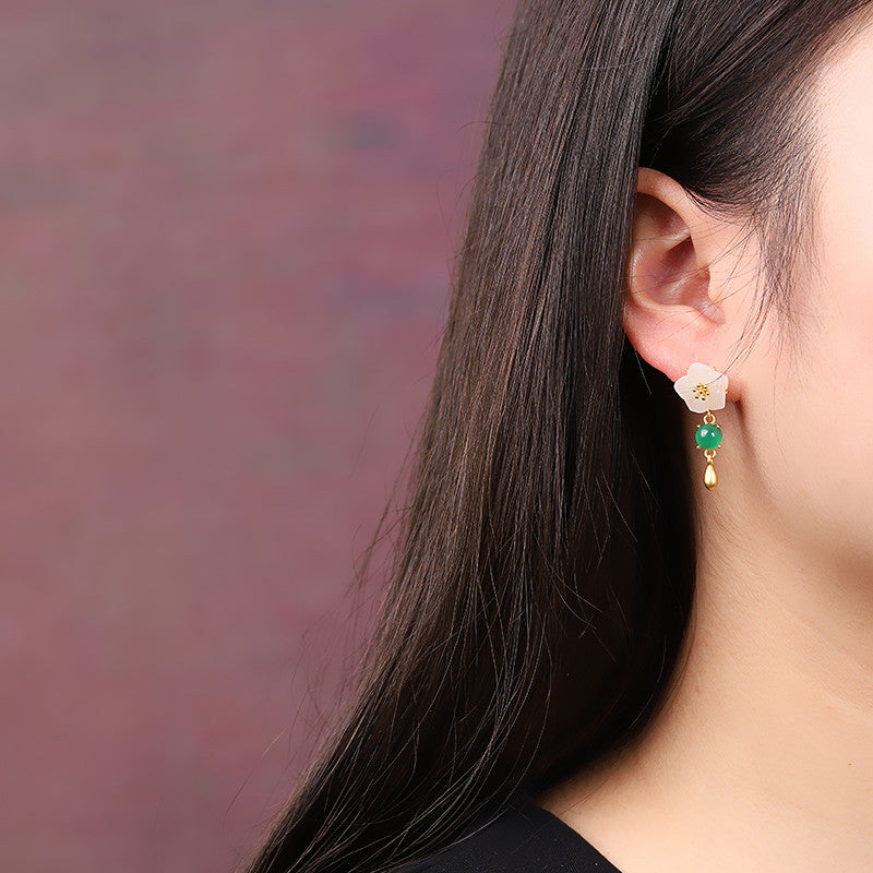 S925 Silver Plated Women's Floral Hetian Jade Ear Studs