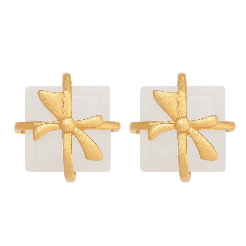 Natural Hetian Jade Cube Sugar Bowknot Earrings