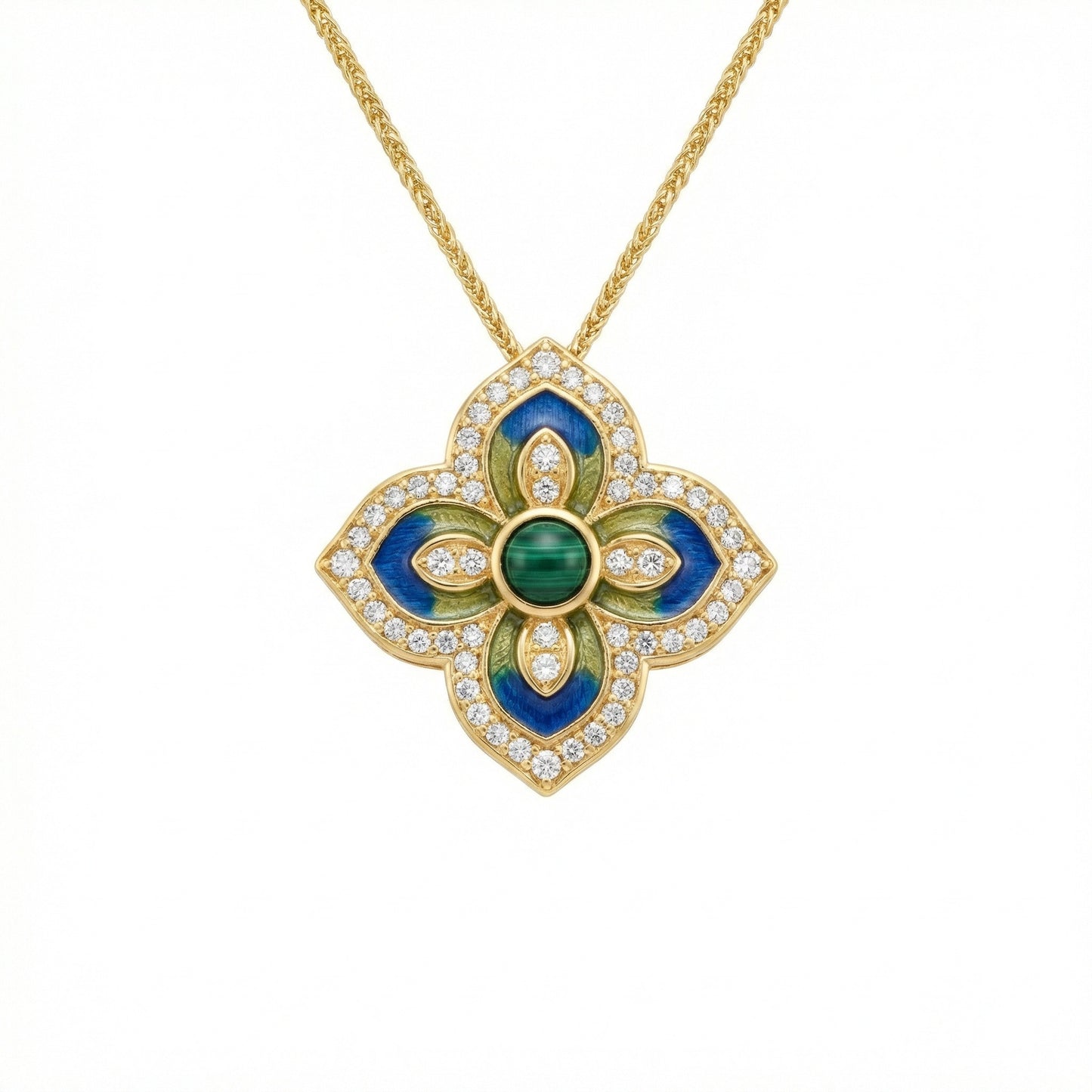925 Sterling Silver Vibrant Blue and Green Enamel Malachite Diamond Quatrefoil Pendant Necklace