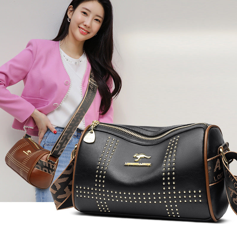 Color Contrast Patchwork Rivet Crossbody Soft Leather Shoulder Bag