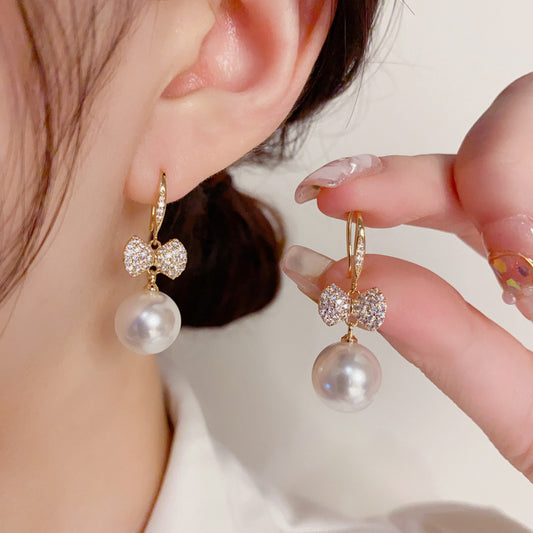 Exquisite Fashion Shining Micro Inlaid Zircon Bow Pearl Earrings