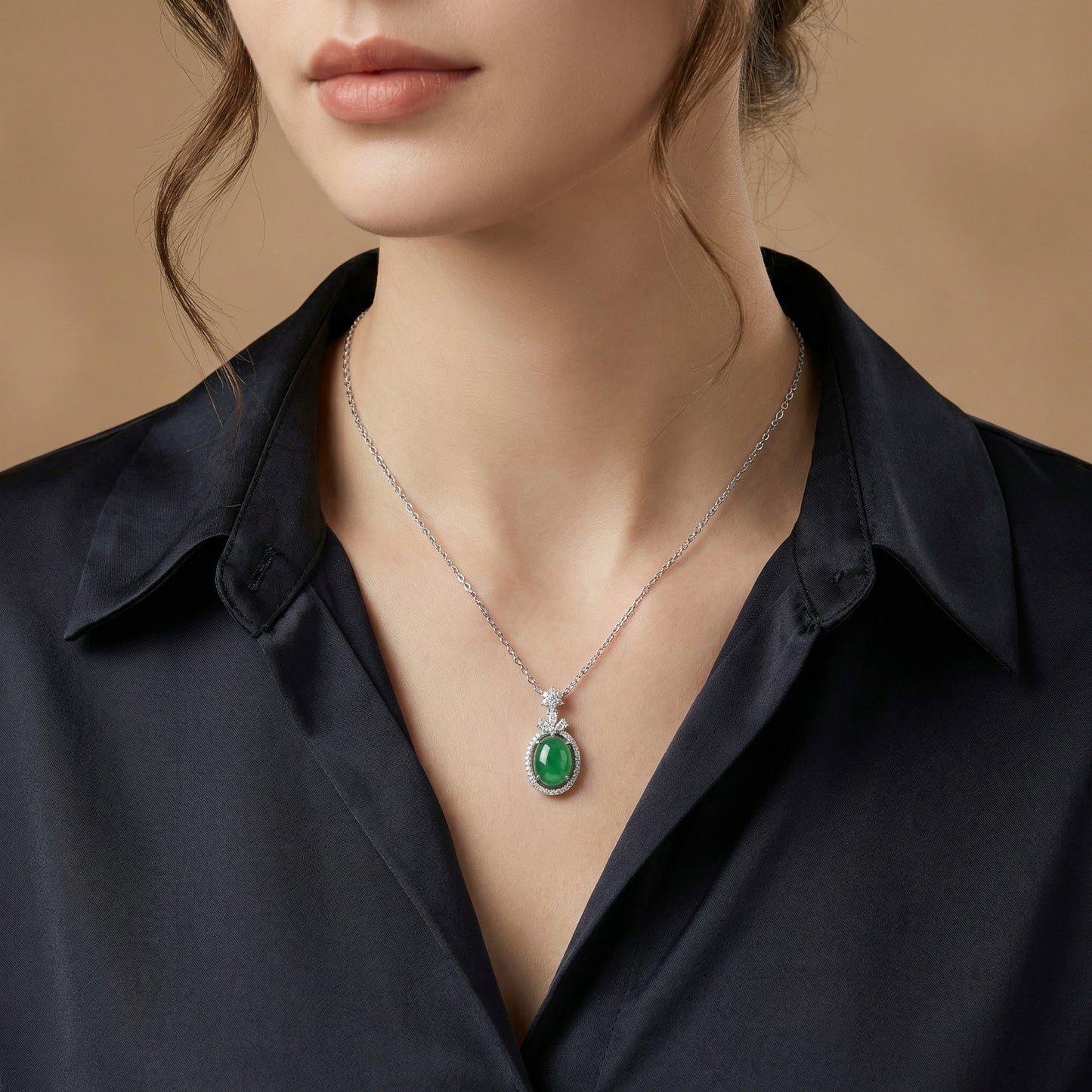 925 Sterling Silver Elegant Oval Green Jadeite Pendant with Diamond Halo and Ornate Bail