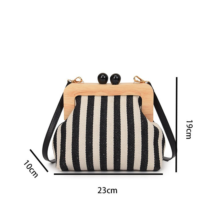 Striped Canvas Wooden Clip-mouth Clutch Bag