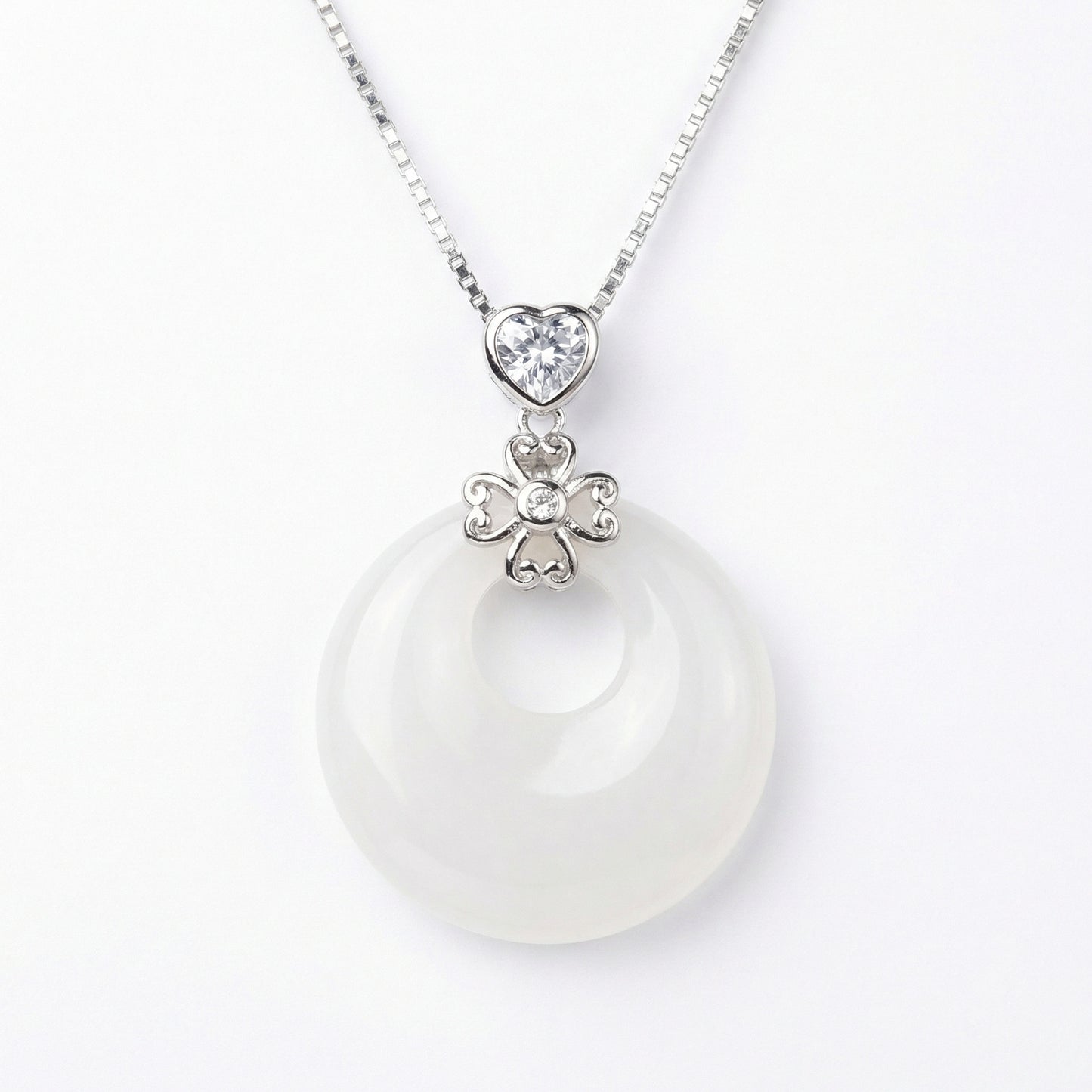 925 Sterling Silver Elegant White Stone Donut Necklace with Heart and Four-Leaf Clover Accents