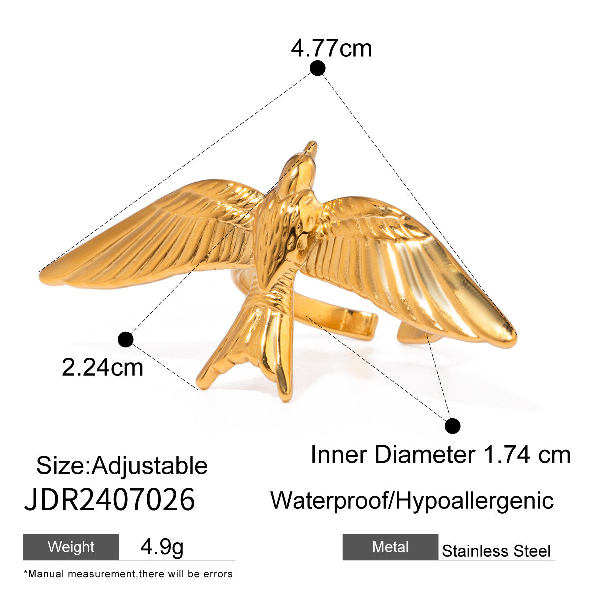 Vintage Gold Stainless Steel Flying Bird Wings Open Ring