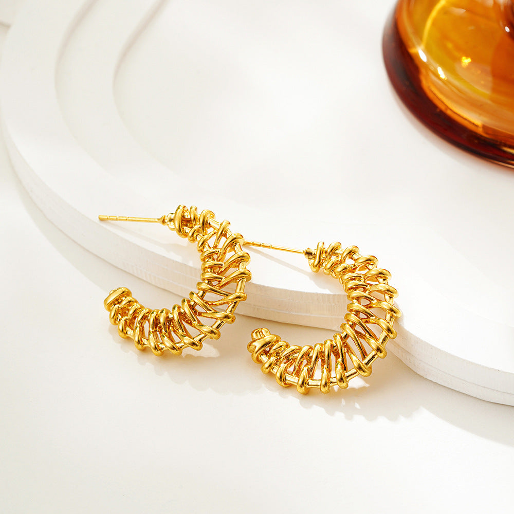 18K Gold Woven Crescent Stud Earrings