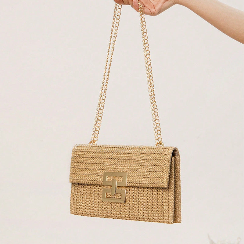 Chain Flap Screw Lock Straw Bag