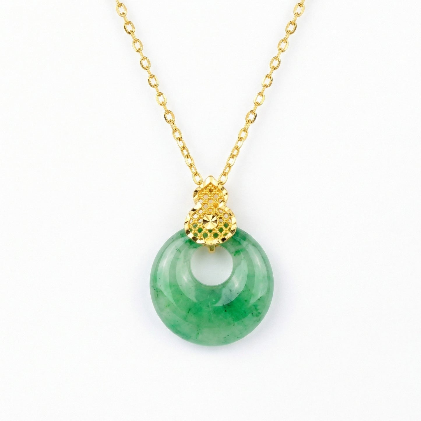925 Sterling Silver Elegant Jadeite Donut Pendant with Intricate Filigree Gourd Bail Necklace