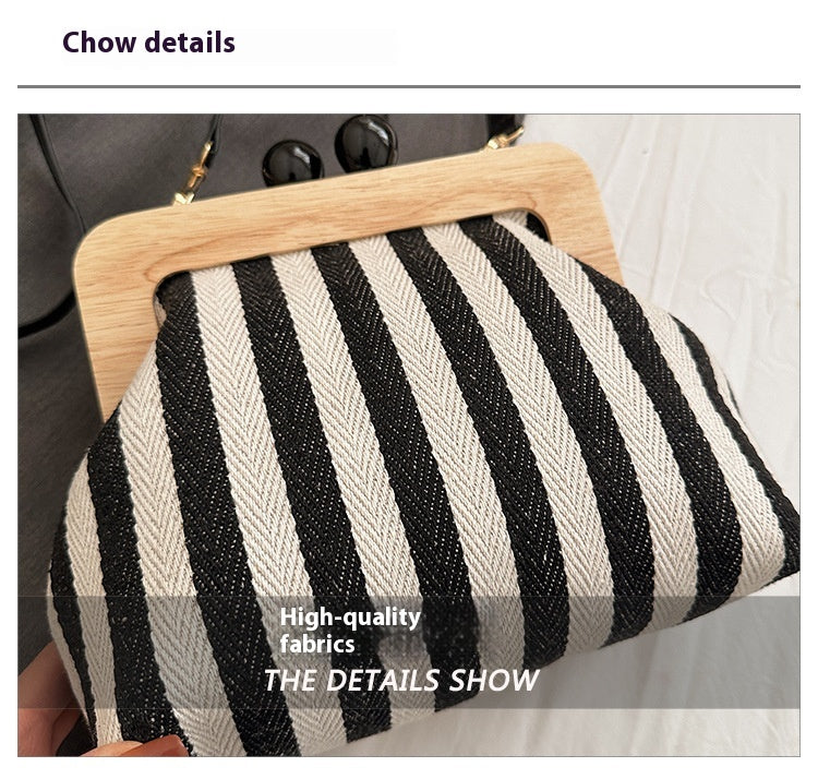 Striped Canvas Wooden Clip-mouth Clutch Bag