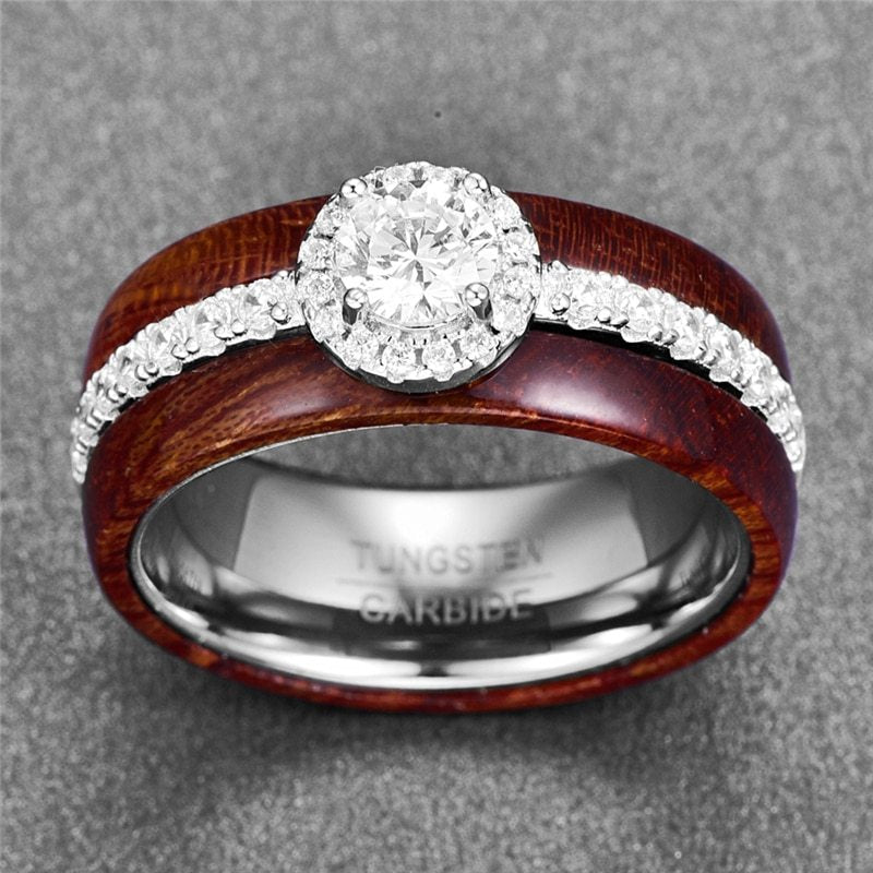 Wooden Silver Inlaid Zircon Ring