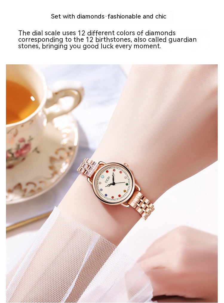 Steel Belt Small Light Luxury Ins Birthstone Waterproof Quartz Watch