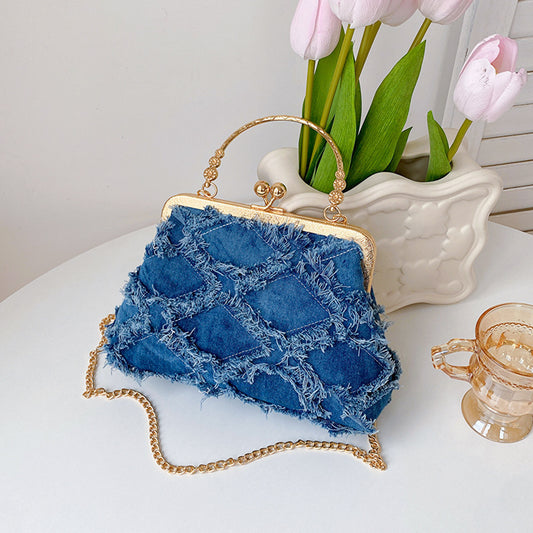 Washed Denim Style Stitching Rhombus Clip Bag