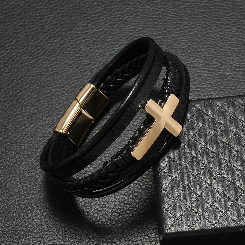 Handmade Cross Leather Men's Multi-layer Bracelet