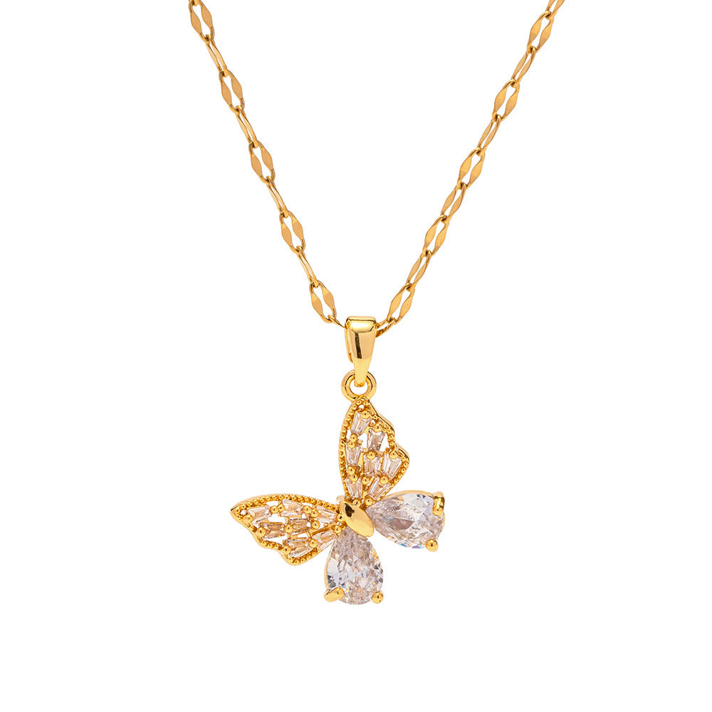 18K Gold Stainless Steel Inlaid White Zircon Butterfly Pendant Necklace