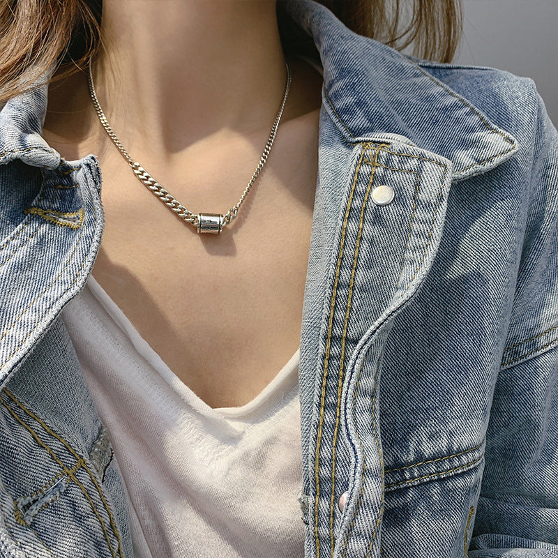 Thai Silver Geometric Cylindrical Pendant Necklace