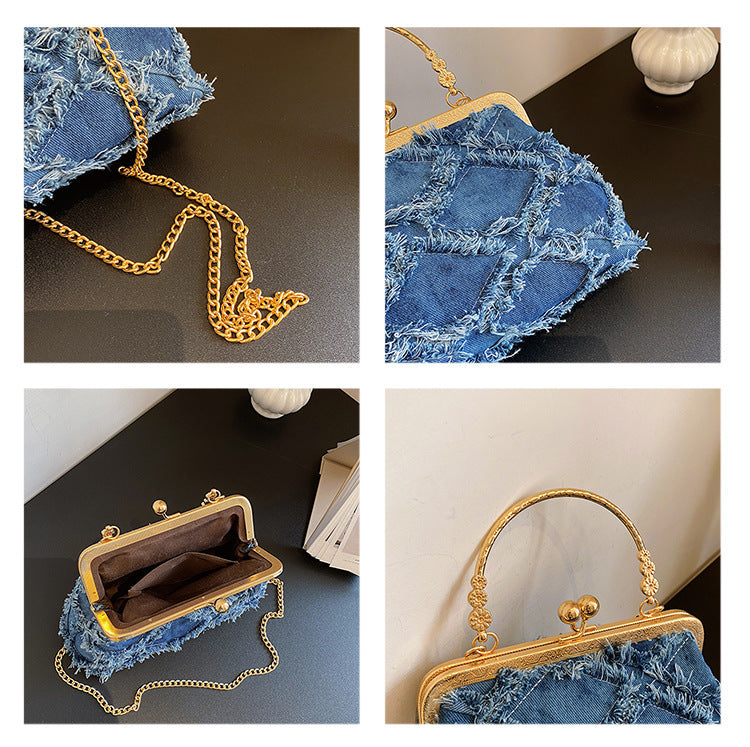 Washed Denim Style Stitching Rhombus Clip Bag