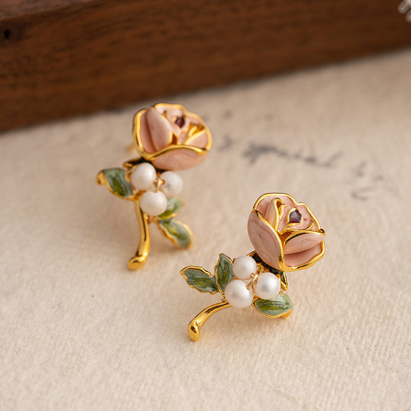 Pearl Flower Female Retro Enamel Dripping Oil Classic Style Middle Ancient French Ear Studs