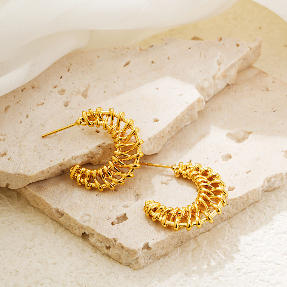 18K Gold Woven Crescent Stud Earrings