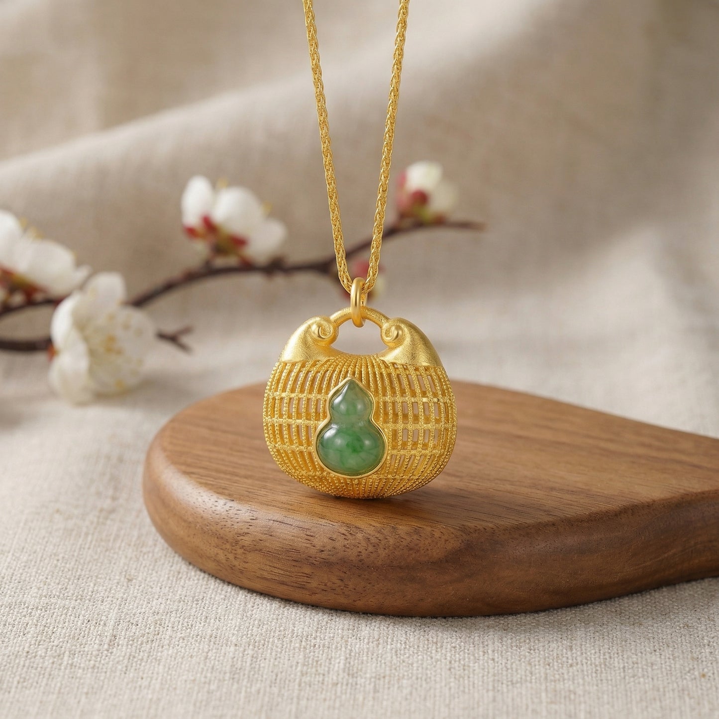 925 Sterling Silver Exquisite Jade Hulu Longevity Lock Pendant in Intricate Filigree Design