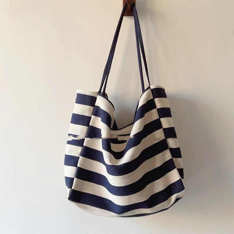 Ins Artistic Contrast Color Striped Canvas Bag