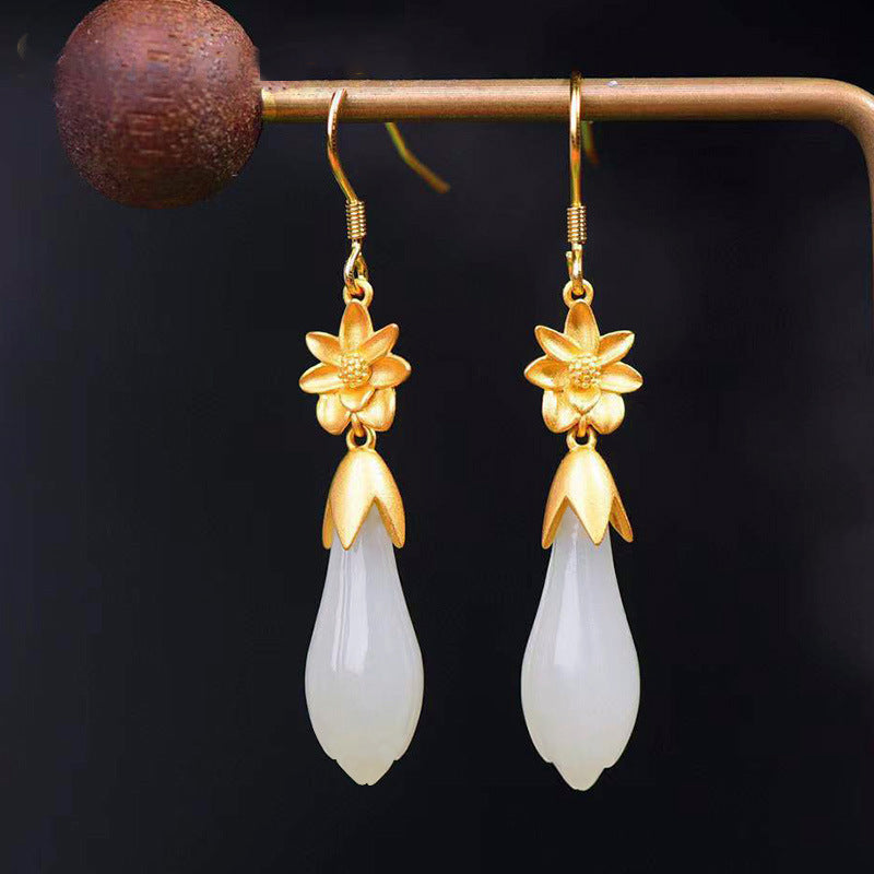 S925 Sterling Silver Style Magnolia Hetian White Jade Earrings