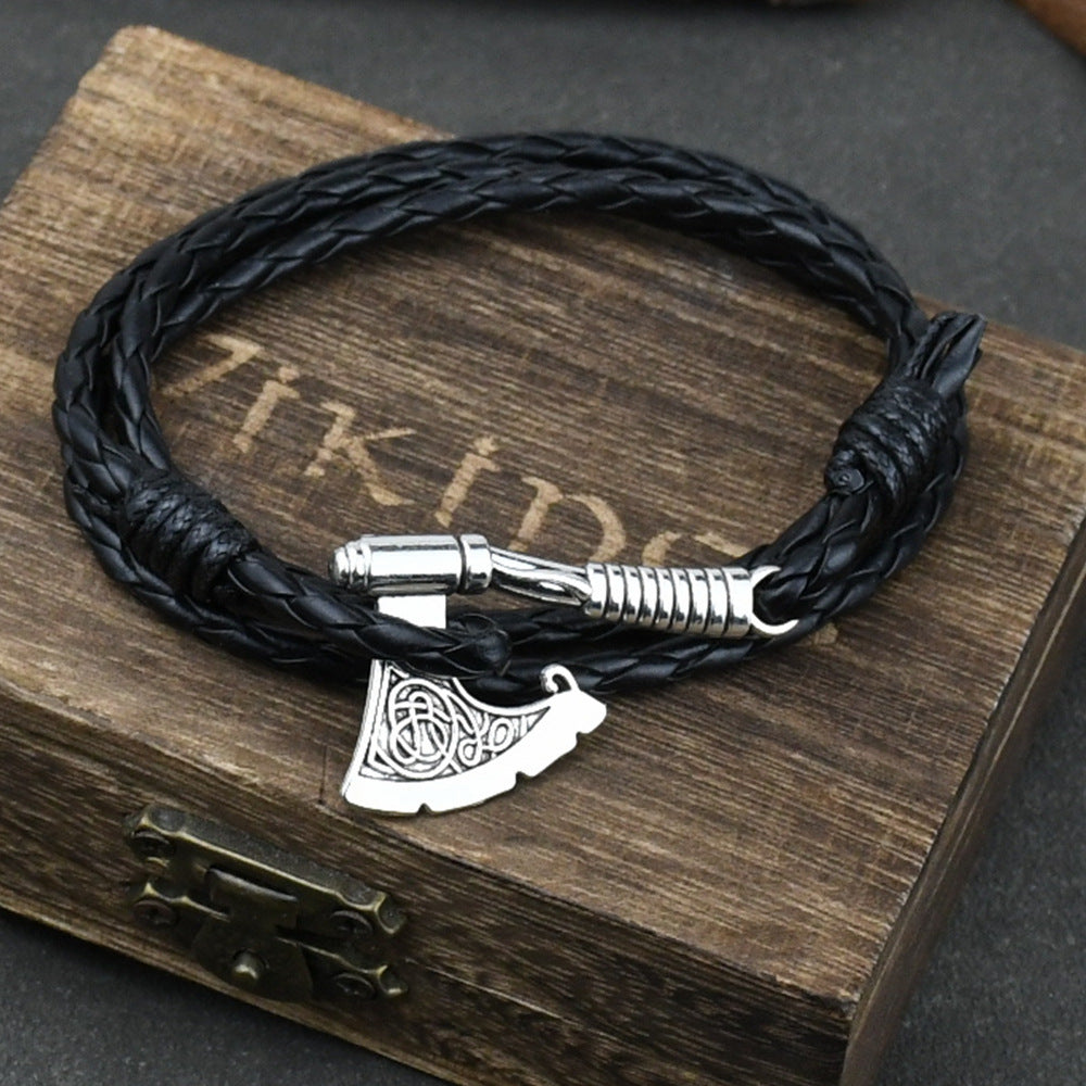 Men's Ax Wrap Anchor Viking Leather Bracelet