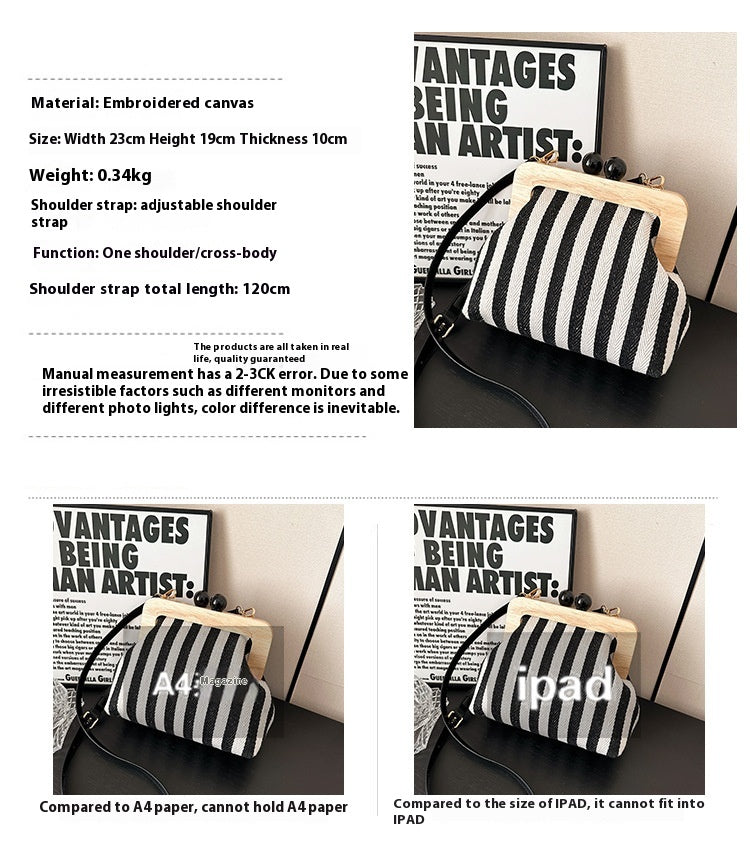 Striped Canvas Wooden Clip-mouth Clutch Bag